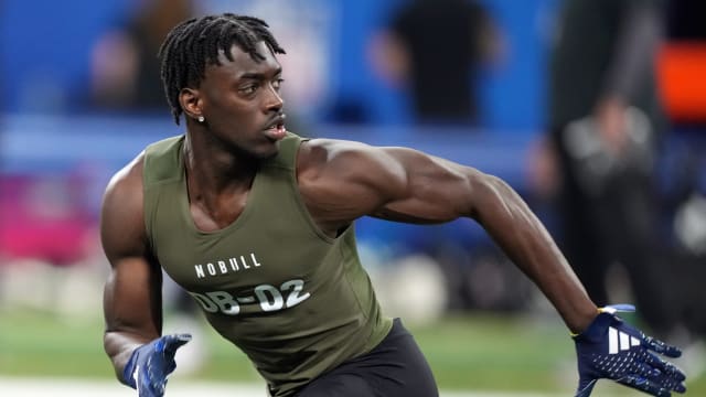 Mar 1, 2024; Indianapolis, IN, USA; Alabama defensive back Terrion Arnold (DB02) works out during the 2024 NFL Combine at Lucas Oil Stadium. Mandatory Credit: Kirby Lee-USA TODAY Sports